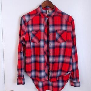 Passport Red Plaid Flannel Shirt Roll-Up Sleeves Western Button Down / #5336